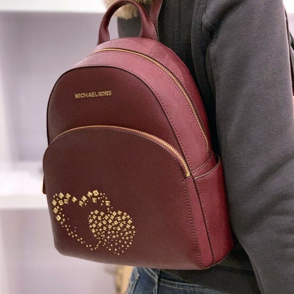 Abbey Merlot Saffiano Leather Heart Stud Backpack